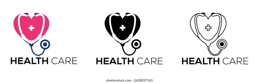 Healthcare Logo Icons  Heart and Stethoscope Medical Symbol in Color, Black, and Outline in white background