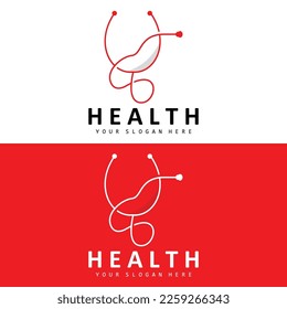 Healthcare Logo, Nursing And Wellness Design, Stethoscope Icon And Simple Line Vector Wave