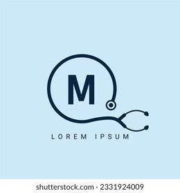 Healthcare Logo On Letter M Template. Medical On M Letter, Initial Doctor Sign Concept, Stethoscope logo icon