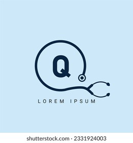 Healthcare Logo On Letter Q Template. Medical On Q Letter, Initial Doctor Sign Concept, Stethoscope logo icon