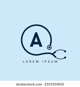 Healthcare Logo On Letter A Template. Medical On A Letter, Initial Doctor Sign Concept, Stethoscope logo icon