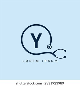 Healthcare Logo On Letter Y Template. Medical On Y Letter, Initial Doctor Sign Concept, Stethoscope logo icon