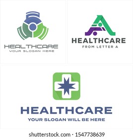 Healthcare logo with people letter A and square medical cross green purple vector suitable for pharmaceutical doctor hospital healthy