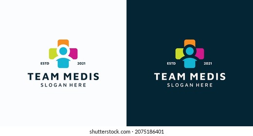 Healthcare logo with plus sign and person sign shape. Logo team medic with colorful light and dark variation logo icon design. Premium vector