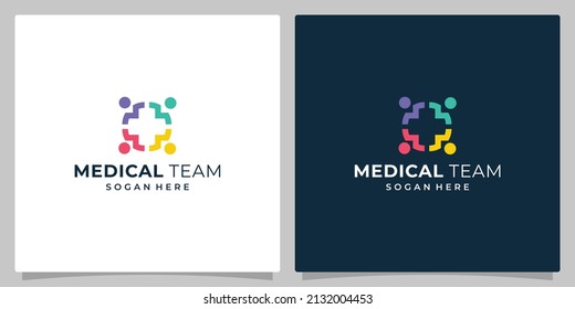 Das Gesundheitslogo mit Plakatzeichen und Personenzeichenform. Logo-Team medic mit bunter heller und dunkler Variation Logo-Design. Premium-Vektorgrafik