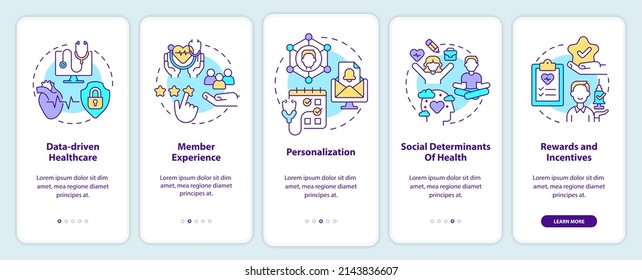 Healthcare macro trends onboarding mobile app screen. Medical service walkthrough 5 steps graphic instructions pages with linear concepts. UI, UX, GUI template. Myriad Pro-Bold, Regular fonts used