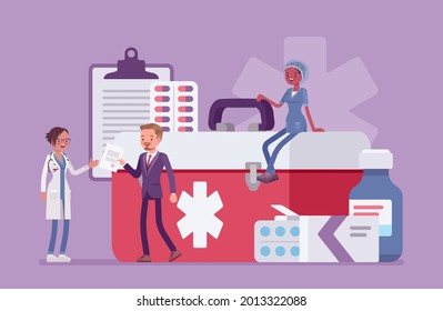 Healthcare male administrator managing doctor staff, hospital community and personnel. Clinic manager busy to organize, control and coordinate service, giant medical kit, drugs. Vector illustration