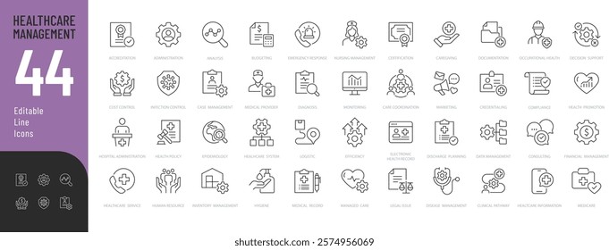 Healthcare Management Line Editable Icons set. Vector illustration in modern thin line style of medicine related icons: certification, control, medical provider, and more. Pictograms and infographics.