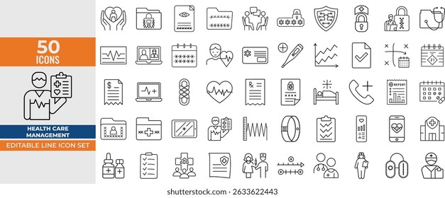 Healthcare Management Line Icons Set. Diagnosis, Monitoring, Records and More