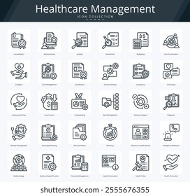 Healthcare management outline icon pack for medical administration and accreditation