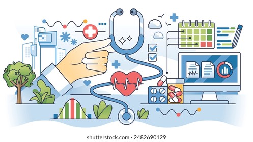 El servicio de marketing y gestión de farmacias para la atención sanitaria esboza el concepto de manos. Aplicación de atención médica con base de datos de pacientes, diagnóstico y Ilustración vectorial de píldoras recetadas. Publicidad de la clínica