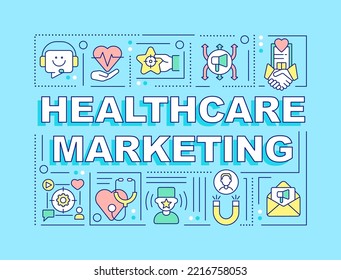 Healthcare marketing word concepts turquoise banner. Medical management. Infographics with editable icons on color background. Isolated typography. Vector illustration with text. Arial-Black font used