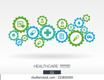 Healthcare mechanism concept. Abstract background with connected gears and icons for medical, health, care, medicine, network, social media and global concepts. Vector infographic illustration.  - Shutterstock ID 215835505