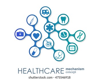 Healthcare mechanism concept. Abstract background with connected gears and icons for medical, health, strategy, care, medicine, network, social media and global concepts. Vector infographic.