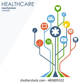 Healthcare mechanism concept. Abstract background with connected gears and icons for medical, health, strategy, care, medicine, network, social media and global concepts. Vector infographic.