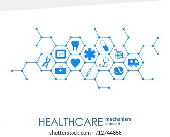 Concepto de mecanismo de atención médica. Antecedentes abstractos con engranajes e íconos conectados para la medicina, la salud, la estrategia, el cuidado, la medicina, la red, los medios sociales y los conceptos globales. Infografía vectorial.