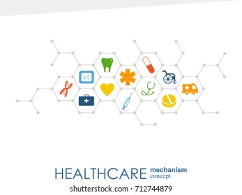 Healthcare mechanism concept. Abstract background with connected gears and icons for medical, health, strategy, care, medicine, network, social media and global concepts. Vector infographic.