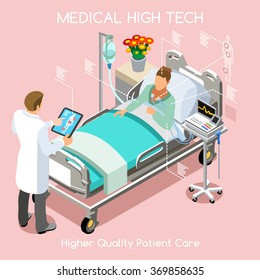 Healthcare Medic Fast Diagnosis. Clinic Hospital Infographic Patient Bed & Doctor Tablet Medic Consult Interview Drug Medicine Treatment Check. Medical Healthcare 3D Flat Isometric People Vector Image