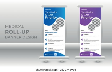 Healthcare and medical agency Corporate roll up banner design or pull up banner template and stand design, advertisement, flyer design, display vector illustration.