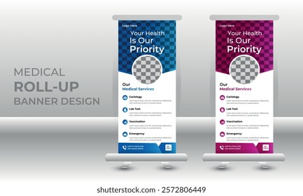 Healthcare and medical agency Corporate roll up banner design or pull up banner template and stand design, advertisement, flyer design, display vector illustration.