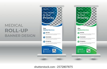 Healthcare and medical agency Corporate roll up banner design or pull up banner template and stand design, advertisement, flyer design, display vector illustration.