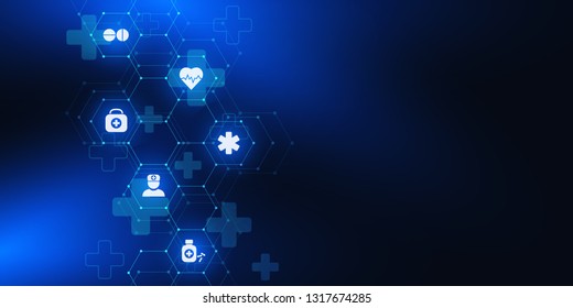 Healthcare and medical background with flat icons and symbols. Science, medicine and innovation technology concept