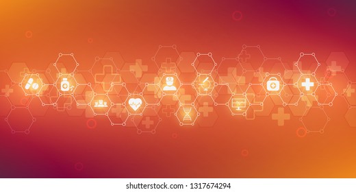 Healthcare and medical background with flat icons and symbols. Science, medicine and innovation technology concept