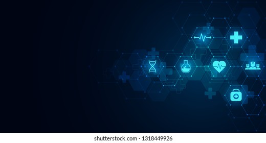 Healthcare and medical background with flat icons and symbols. Science, medicine and innovation technology concept