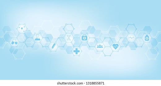 Healthcare and medical background with flat icons and symbols. Science, medicine and innovation technology concept