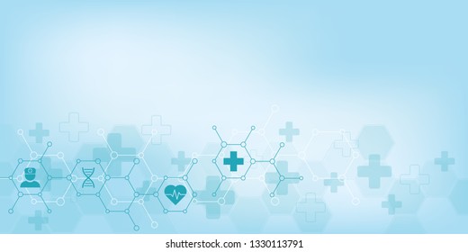 Healthcare And Medical Background With Flat Icons And Symbols. Science, Medicine And Innovation Technology Concept