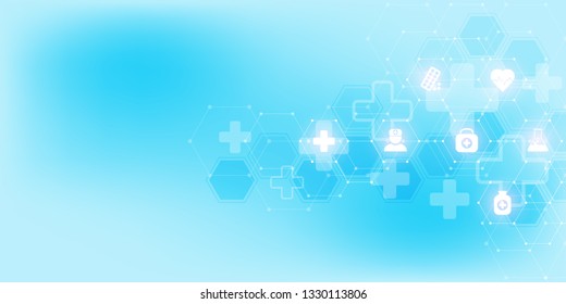 Healthcare and medical background with flat icons and symbols. Science, medicine and innovation technology concept