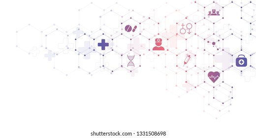 Healthcare and medical background with flat icons and symbols. Science, medicine and innovation technology concept