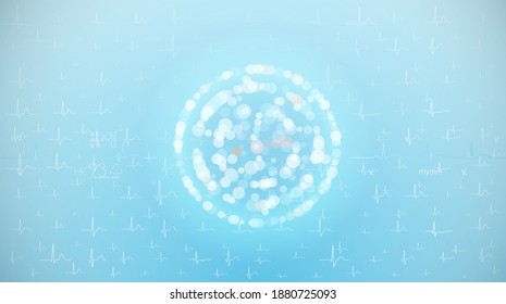 Healthcare and medical background with glowing molecules, microbial bodies as genetic, cardiological background with heartbeat lines and abstract lights. Vector.