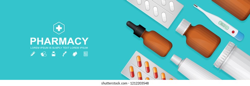 Healthcare and medical bottles set medicine website banner, pharmaceutics for pharmacy and drugstore online vector illustration