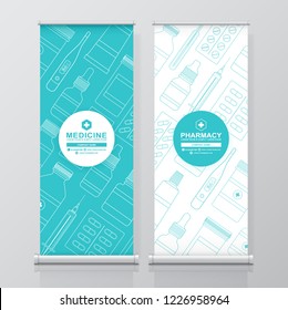 Healthcare and medical bottles set medicine roll up design pharmacy, standee and banner template decoration for exhibition, printing, presentation and brochure flyer concept vector illustration