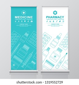 Healthcare and medical bottles set medicine roll up design pharmacy, standee and banner template decoration for exhibition, printing, presentation and brochure flyer concept vector illustration