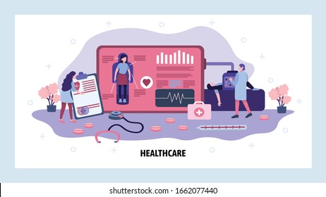 Healthcare medical check up, screening and examination. Doctor in hospital check patient health. Vector web site design template. Landing page website illustration