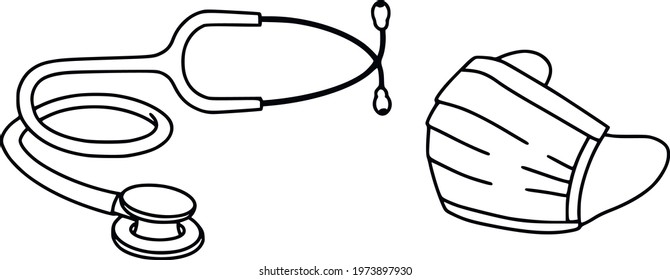 Healthcare and medical concept. Disease prevention, health care. Stethoscope and medical mask vector illustration. Good habits line art.