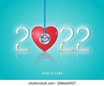 Healthcare and medical concept heart and health symbol checkup for happy and healthy new year 2022. wishing you stay in good health. vector illustration