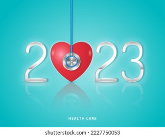 Healthcare and medical concept heart and health symbol checkup for happy and healthy new year 2023. wishing you stay in good health. vector illustration