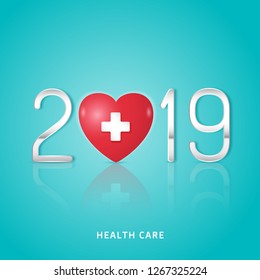 Healthcare and medical concept heart and healthcare symbol checkup for happy and healthy new year 2019. wishing you stay in good health. vector illustration
