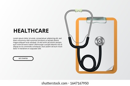 healthcare medical concept with illustration of stethoscope with clipboard report concept. global world health day. diagnose check up at hospital. poster banner template