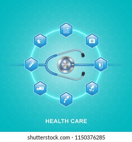 Healthcare and Medical concept stethoscope and flat icons in medicine, health, cross decoration for flyers, poster, web, banner, and card vector illustration