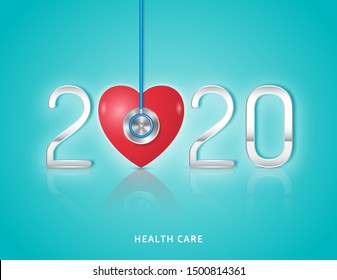 Healthcare and medical concept stethoscope and heart checkup for happy and healthy new year 2020. wishing you stay in good health. vector illustration