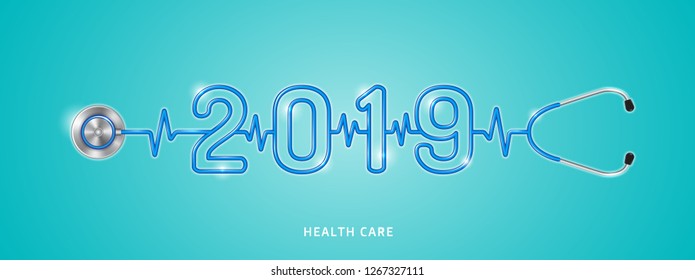 Healthcare and medical concept stethoscope shape 2019 checkup for happy and healthy new year. wishing you stay in good health. vector illustration