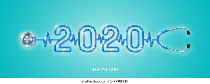 Healthcare And Medical Concept Stethoscope Shape 2020 Checkup For Happy And Healthy New Year. Wishing You Stay In Good Health. Vector Illustration