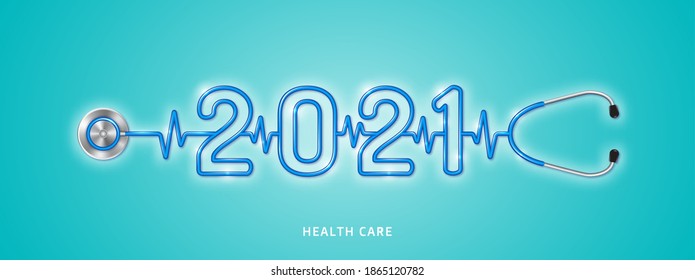 La atención de la salud y el concepto médico estetoscopio forman el chequeo 2021 para un año nuevo feliz y saludable. deseando que te quedes en buena salud. ilustración vectorial