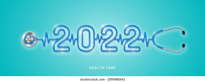 La atención de la salud y el concepto médico estetoscopio forman el chequeo 2022 para un año nuevo feliz y saludable. deseando que te quedes en buena salud. ilustración vectorial