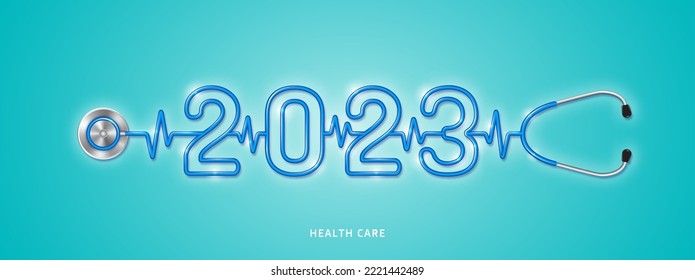 Healthcare and medical concept stethoscope shape 2023 checkup for happy and healthy new year. wishing you stay in good health. vector illustration