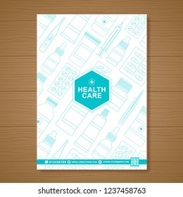 Healthcare and medical cover a4 template design bottles set medicine pharmacy and medical brochure design, flyer, leaflets decoration for printing and presentation vector illustration